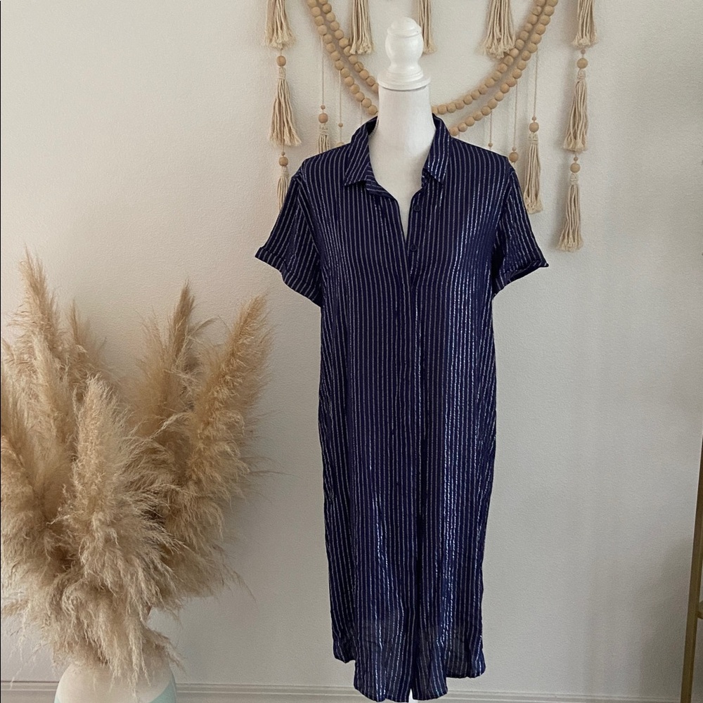 Wildfang Empower Pinstripe midi shirt dress blue silver stripe short sleeve M - Picture 8 of 16